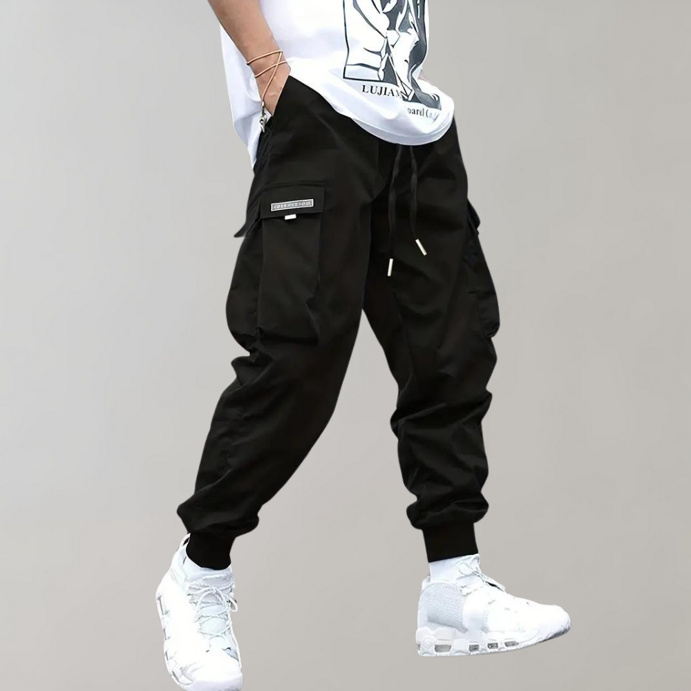 Tomáš – Calças de Jogging Cargo Masculinas – Calças Streetwear Roxas com Bolsos com Fecho e Punhos